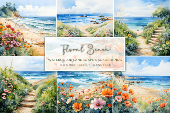 Floral Beach Watercolor Backgrounds for Creative Projects