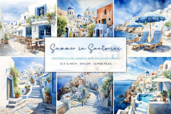 Santorini Watercolor Backgrounds: A Design Asset for Creative Projects